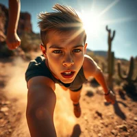 Close-up of determined runner sprinting on sunny desert trail with rocky terrain and cacti in background