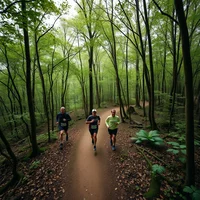 Overhead shot of three runners in colorful gear jogging on a forest trail under overcast skies