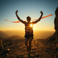 Person with arms raised standing on rocky mountain terrain at sunrise