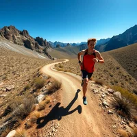 Runner in red shirt on dirt trail through desert valley with mountains and blue sky