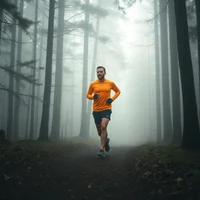 Solo jogger running through foggy forest trail in early morning mist with pine trees