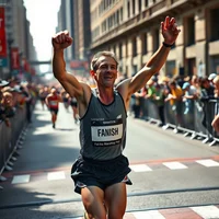 Runner in blue tank top crossing finish line with arms raised at city street race