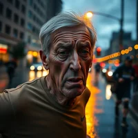 Close-up of elderly person on city street at dusk with golden street lights in background