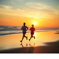 Two runners jogging on beach at sunset with ocean waves and golden sky in wide scenic view