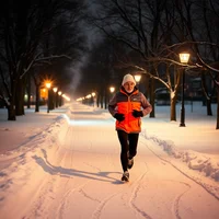 Elderly runner jogging on snowy park trail at night under street lamps, wearing bright winter gear with visible breath