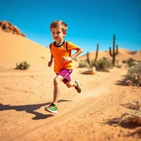Young child in orange and red running outfit sprinting across sandy desert ground with cacti in background