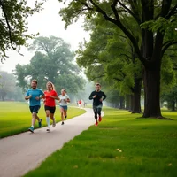 Small group of runners jogging on tree-lined park trail under overcast sky, wide establishing shot