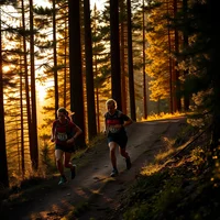 Three runners climbing forest trail at dawn with golden sunlight filtering through pine trees
