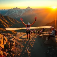 Person with raised arms standing on mountain overlook at sunset