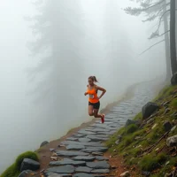 Solo female runner navigating foggy mountain trail with pine trees shrouded in mist, focused expression