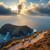 Three runners on a clifftop coastal trail at sunset with dramatic clouds and ocean stretching to the horizon