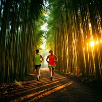 Two runners in bright athletic clothing jog through a sunlit bamboo forest with golden light streaming through