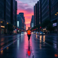 Person in dark clothing walking on wet city street at dusk with colorful sunset sky and reflections