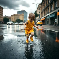 Child runner splashing through puddles on wet city street during rainstorm, ground-level action shot