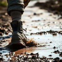 Close-up of muddy military boots splashing through puddle during obstacle course training in bright sunlight