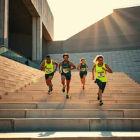 Four runners in neon yellow singlets sprinting up concrete stadium steps in bright sunburst sunlight