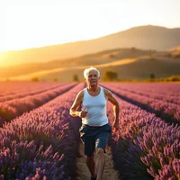 Older man in white tank top running through purple lavender rows at golden-hour sunset with hills behind
