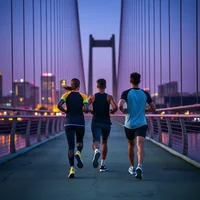 Three runners crossing an illuminated bridge at twilight with city lights in the background