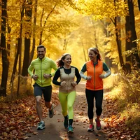 Three runners in colorful retro gear jogging through autumn forest trail with golden leaves and dappled sunlight