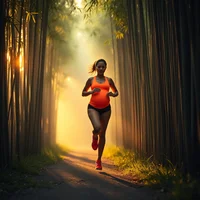 Woman in bright orange top running on forest path through misty trees with golden sunlight