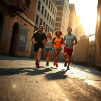 Group of runners jogging together on a sunny urban street between tall buildings