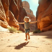 Barefoot child running through desert canyon with arms spread, shot from low angle with heat shimmer effects