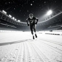 Runner in dark clothing sprinting on snowy track under stadium lights at night