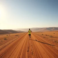 Person running on dirt road through desert landscape with mountains in background