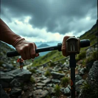 Close-up of hands gripping hiking poles on rocky mountain trail under cloudy sky