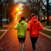 Two runners in bright jackets jogging together down leaf-covered street at twilight with glowing streetlights