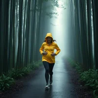Person in yellow jacket running on path through misty bamboo forest