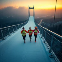 Aerial view of three female runners in neon gear crossing snowy bridge at twilight with city lights below