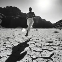 Barefoot runner in white pants sprinting across desert canyon with dramatic shadows and heat shimmer