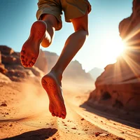 Close-up of barefoot runner's legs sprinting across red desert canyon with heat shimmer and sandstone cliffs