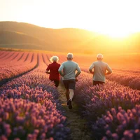 Three senior runners jogging through purple lavender field at sunset with rolling hills in background