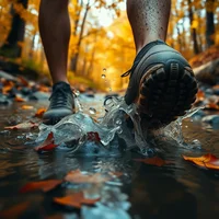 Close-up of trail running shoes splashing through creek water with autumn leaves and sunlight filtering through trees
