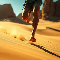 Close-up of bare feet running through desert sand with heat shimmer and harsh midday shadows