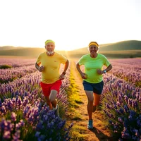 Two elderly runners in colorful retro gear jogging through a lavender field at sunset