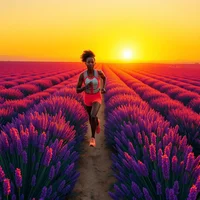 Aerial retro travel-poster illustration of a woman running through vast lavender fields at golden hour, coral kit vivid against purple rows.