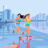 Two women in colourful athletic wear jogging side-by-side on a wet promenade with a city skyline behind them.