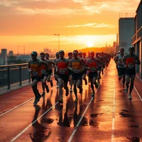 Pointillist painting of elite runners in reflective gear on a rooftop track at autumn sunrise