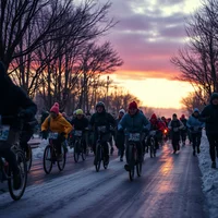 Low-angle twilight shot of para-athletes racing a snowy wet path in winter layers, breath misting in cold violet light.