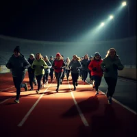Large pack of joyful adult joggers in winter layers running a dark velodrome by headlamp light, shot on analogue film.