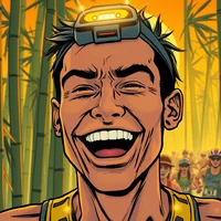 Comic book close-up of a grinning elite runner with headlamp in a misty bamboo forest at sunrise, race pack behind.