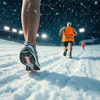 Cubist close-up of older runners' shoes in a night blizzard on rolling hills, high-vis vests fragmented in geometric planes.
