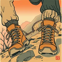 Ukiyo-e close-up of military trail runners' boots on smoky spring mountain switchbacks amid marathon crowd