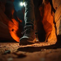 Close-up of sneakers on sandstone canyon floor at night, lone jogger in hi-vis vest lit by headlamp in desert darkness.