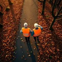 Aerial view of two older adults in hi-vis vests running a leaf-strewn autumn trail in hazy golden afternoon light.
