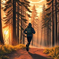 Anime-style silhouette of a lone adult military runner in winter layers on a spring forest trail at rainy sunrise.