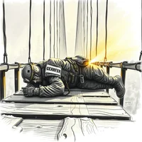 Charcoal sketch of a solo military runner collapsed in reflective gear on a suspension bridge amid a golden blizzard.